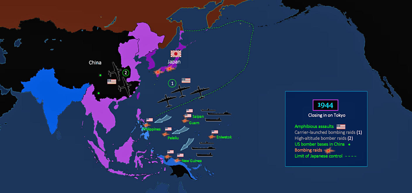 Bombers reach Tokyo, 1944 map